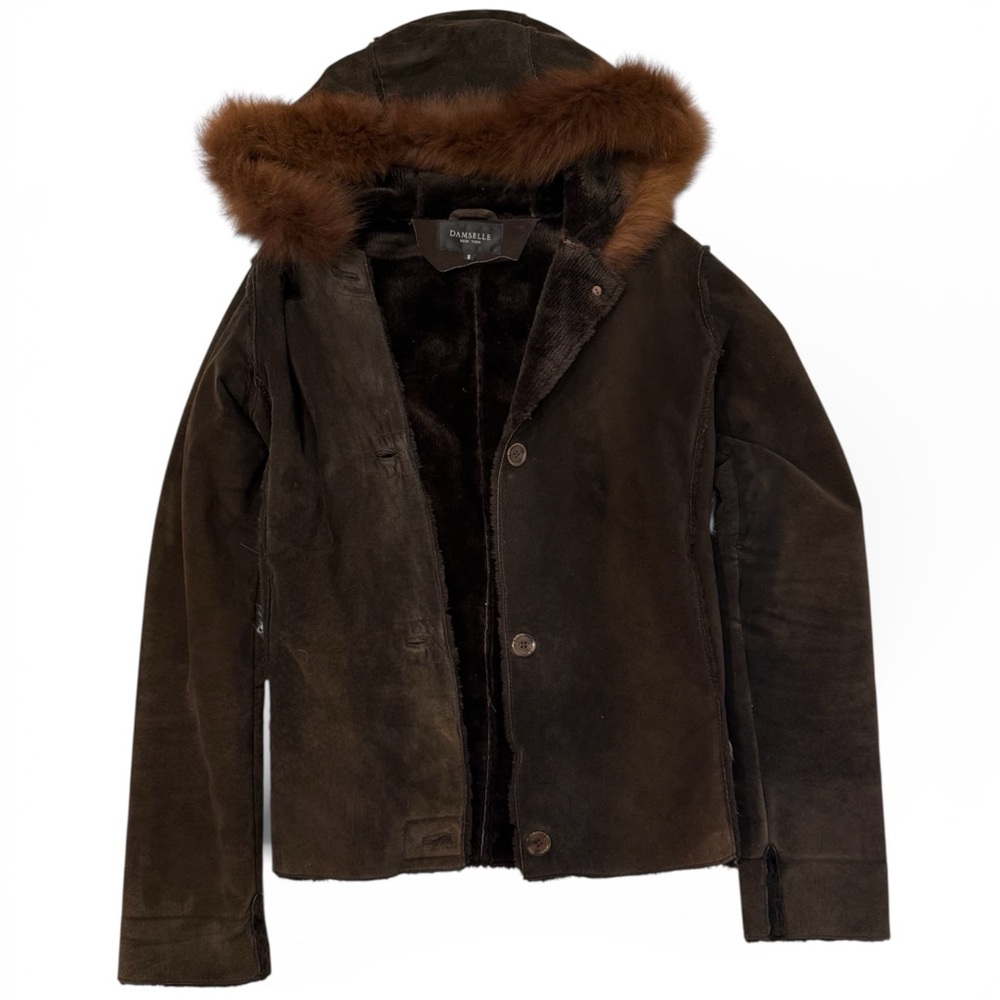 Damselle Brown Leather Jacket Real Fur Trim Hooded Button Coat Women’s Size S